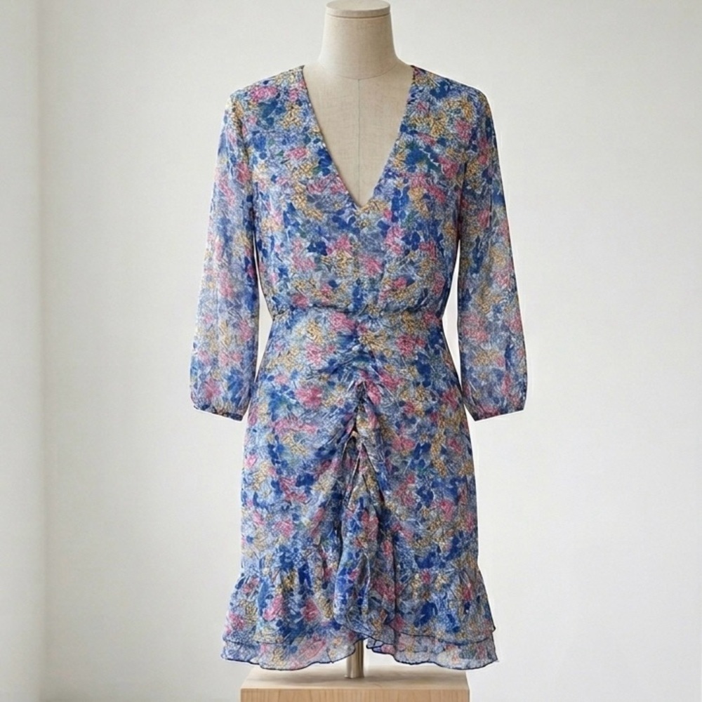 Zara| Blue & Pink Feminine Floral Above Knee Ruched Dress with V-Neck Sz XS